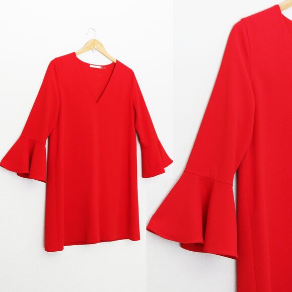 Alice + Olivia Red 3/4 Bell Sleeves V Neck Mini Shift Dress - Picture 5 of 16